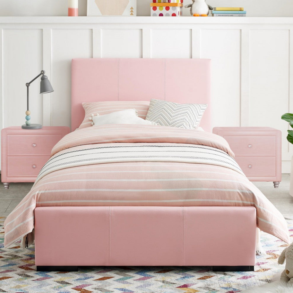 Pink Upholstered Full Platform Bed With Nightstand