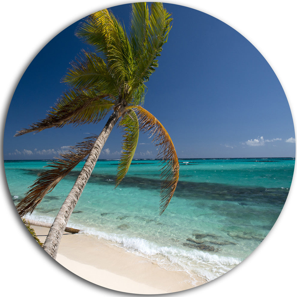 Palm Bent To Picturesque Seashore, Modern Seascape Round Wall Art, 11"