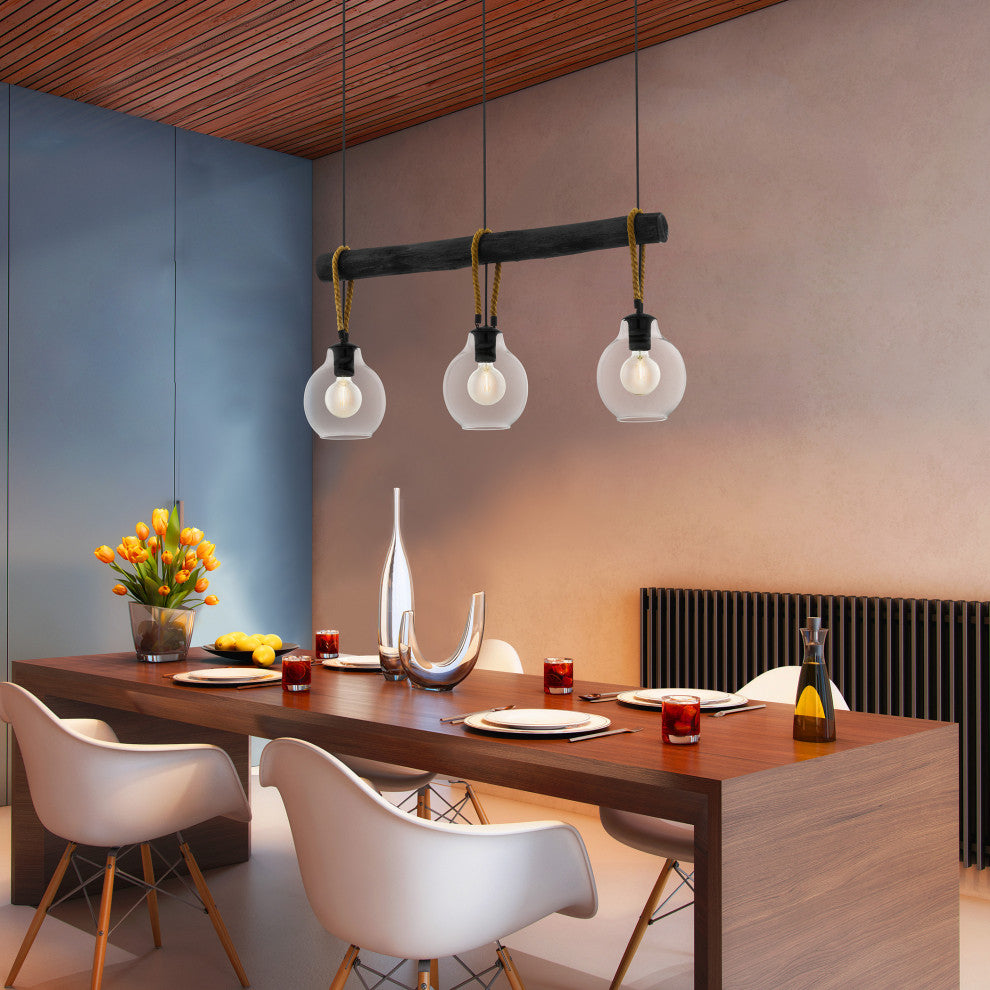 Rodding, 3 Light Linear Pendant, Structured Black, Brown Roping/Clear Glass