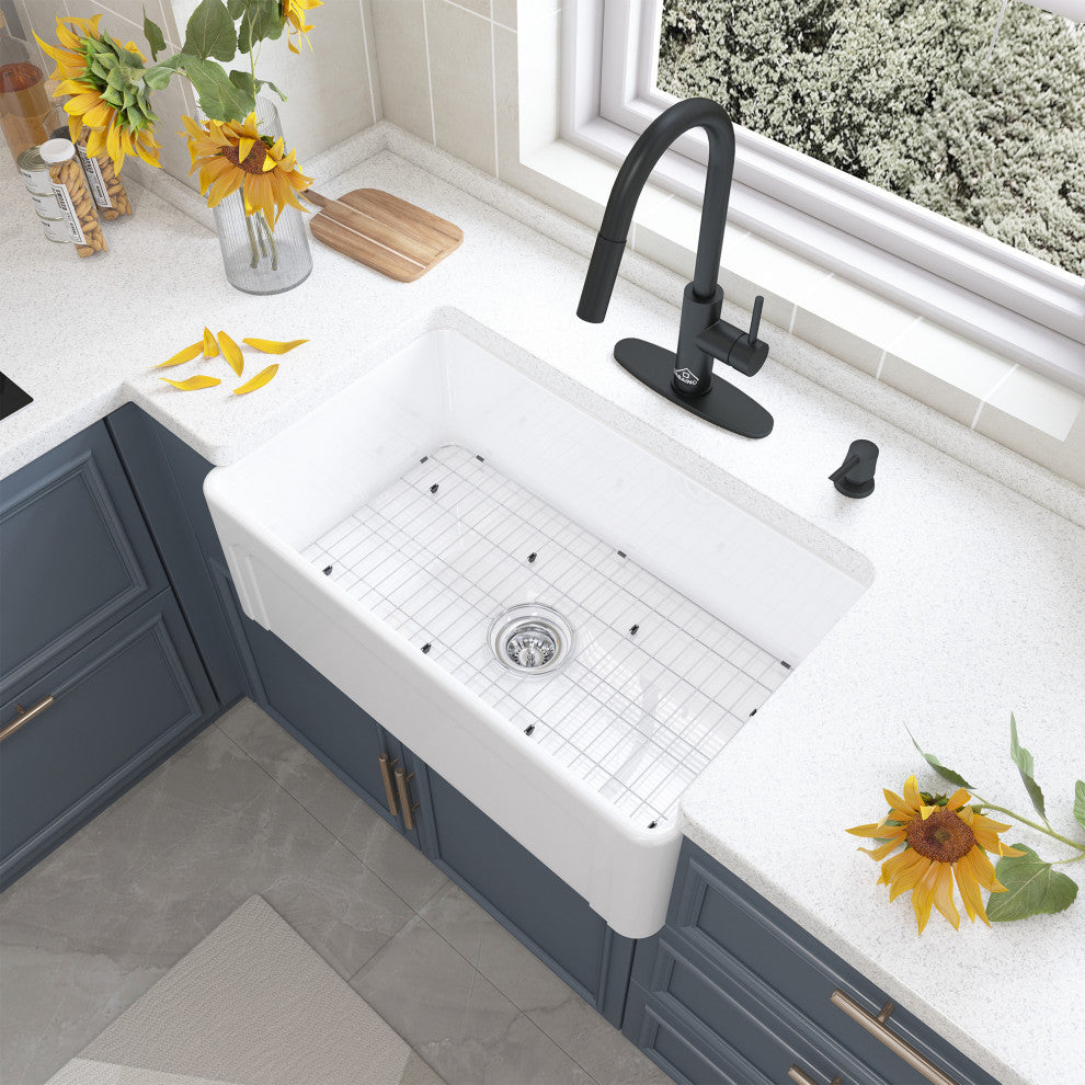 30in Single Bowl Farmhouse Apron Kitchen Sink with Bottom Grid and Strainers, 30