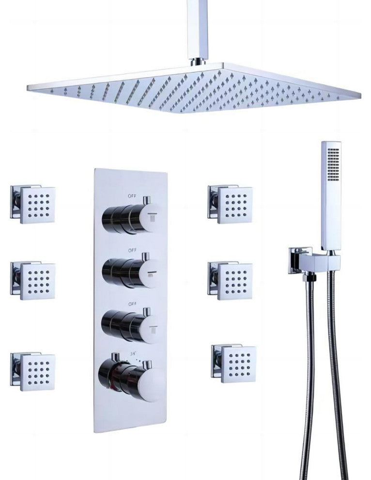 Thermostatic Shower System With Hand Shower and 6 Body Sprays, Chrome