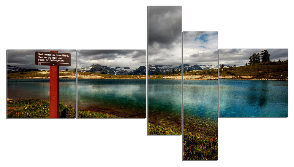 Azure Mountain Lake with Clouds, Landscape Canvas Art Print, 60"x32", 5 panels