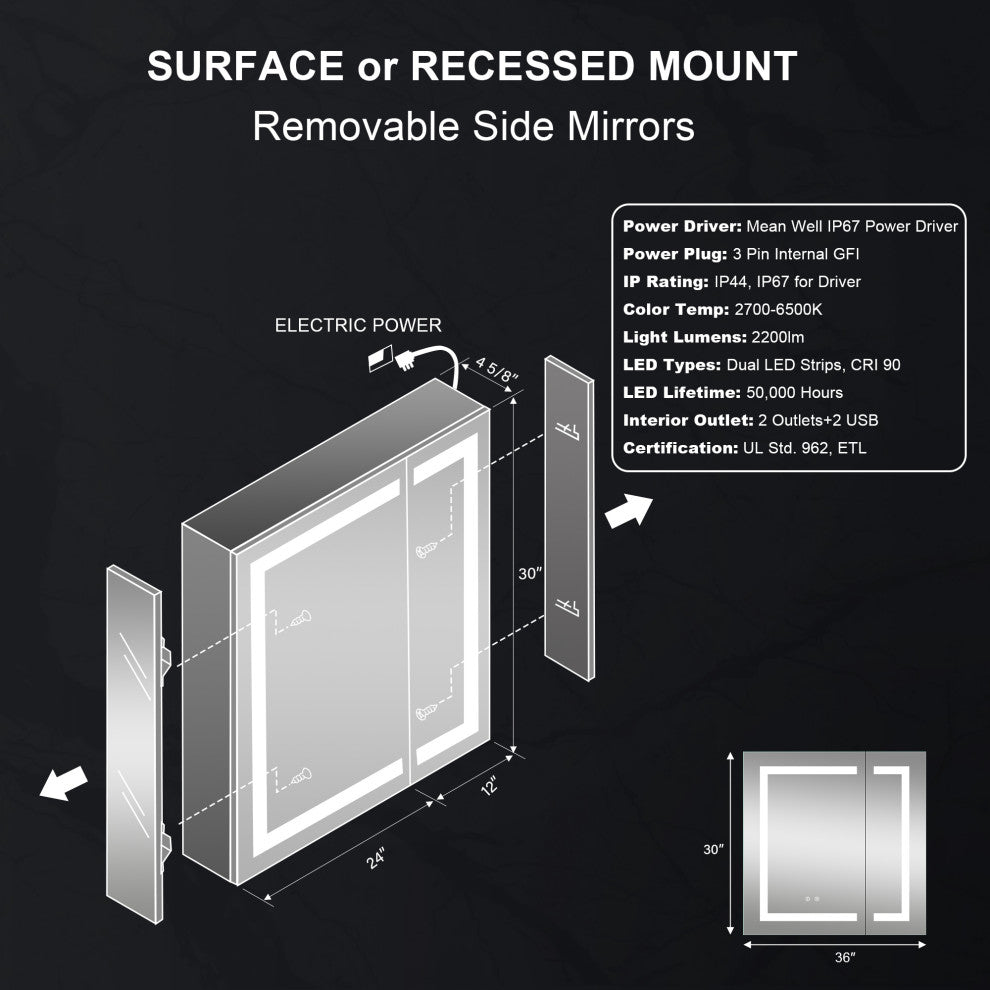 Recessed/Surface Mount LED Medicine Cabinet Mirror with Defogger, 36"x30" Double Doors