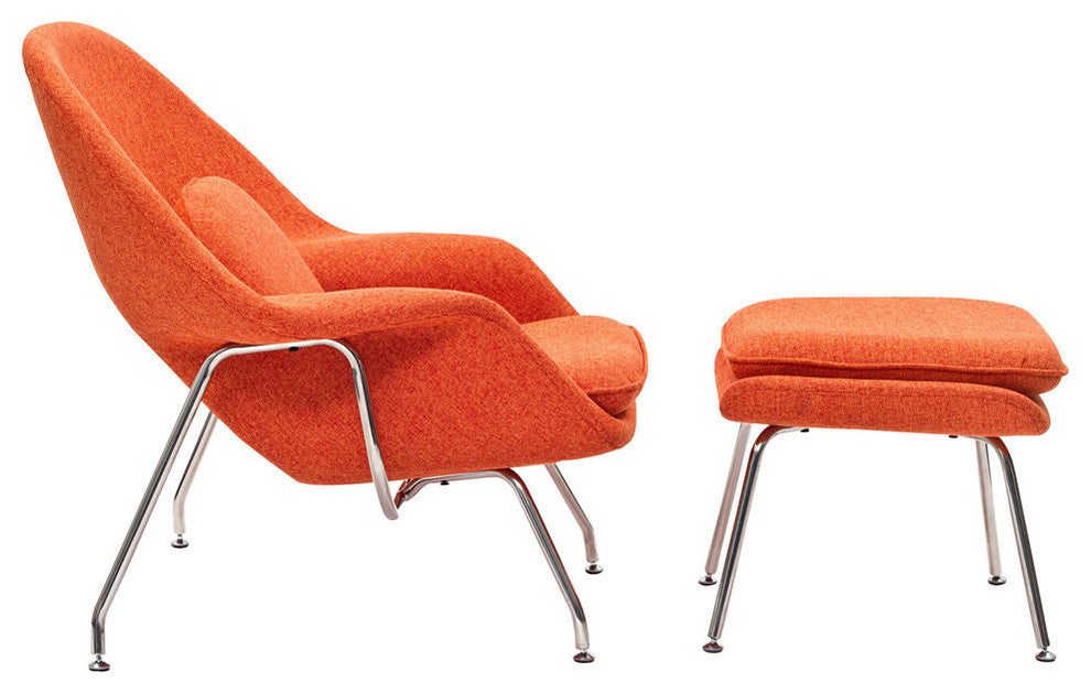 Modern Contemporary Living Room Lounge Chair and Ottoman, Orange Tweed