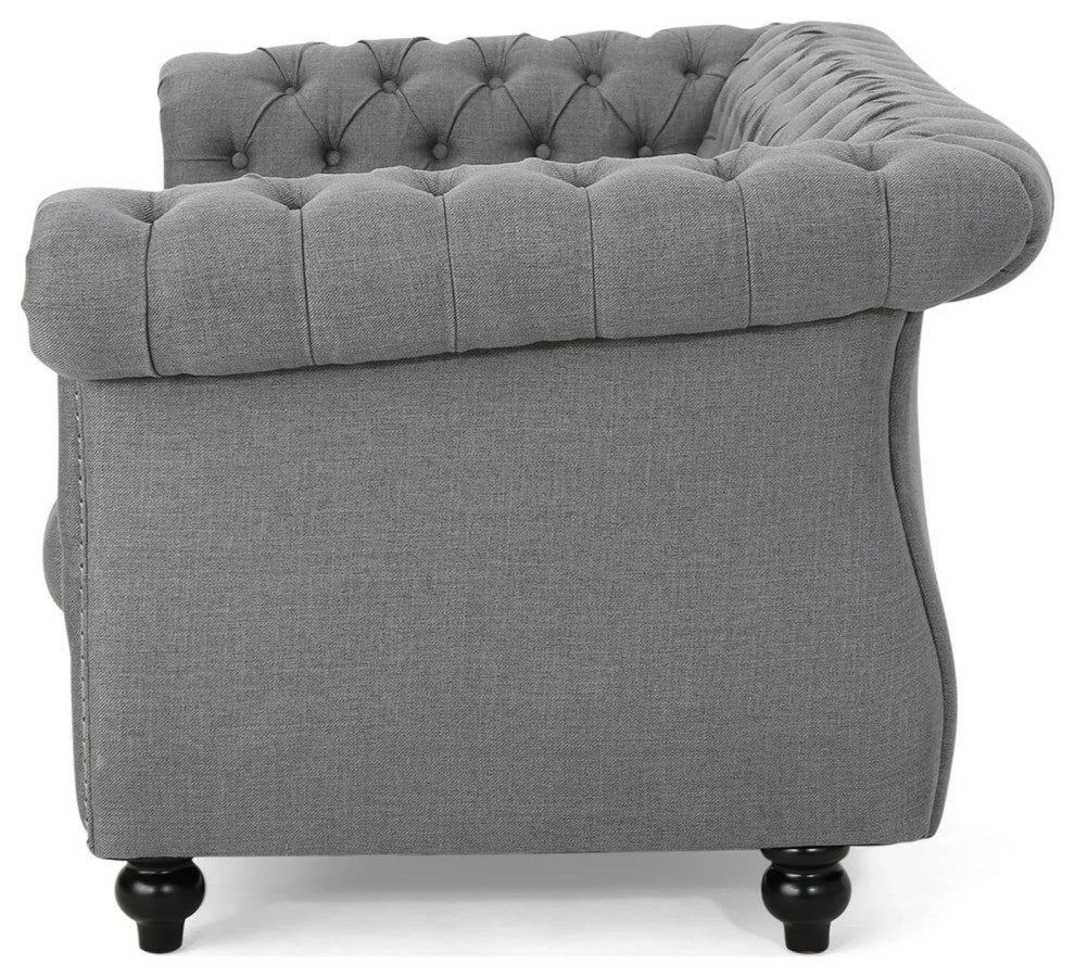 Chesterfield Loveseat, Birchwood Legs With Tufted Back & Rolled Arms, Dark Gray