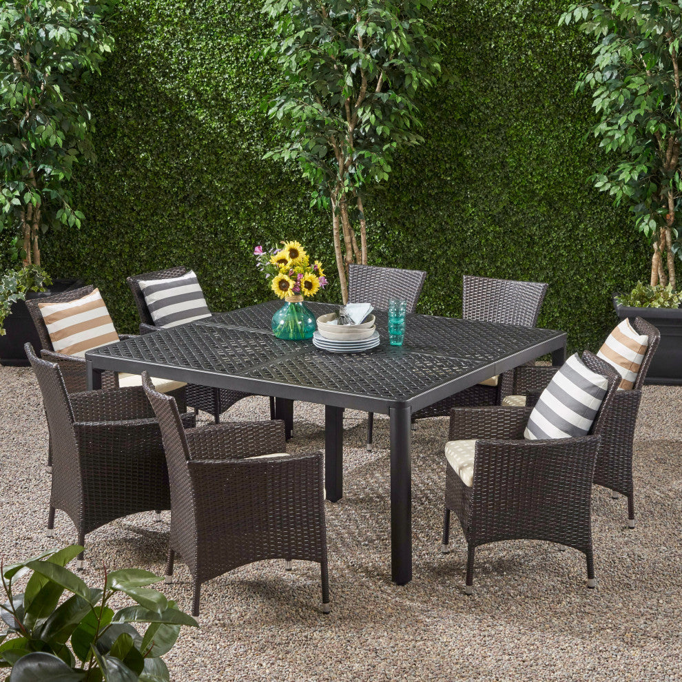 Nelly Outdoor Aluminum and Wicker 8 Seater Dining Set, Antique Matte Black, Multibrown, Beige