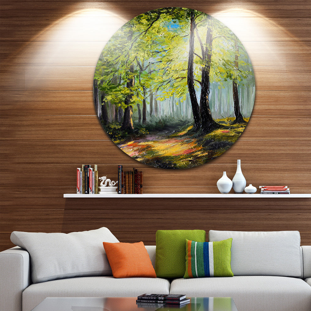 Green Autumn Forest, Landscape Round Metal Wall Art, 38"