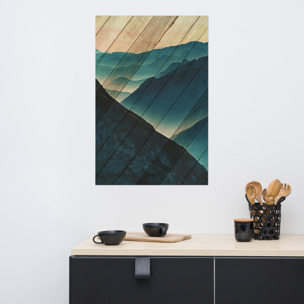 Faux Wood Misty Blue Silhouette Mountain Range Landscape Wall Art, 24" X 36"