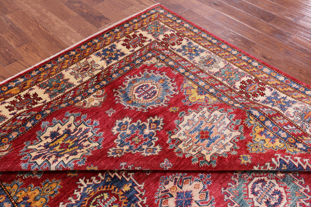 8' 0" X 9' 10" Geometric Super Kazak Hand Knotted Rug Q10606