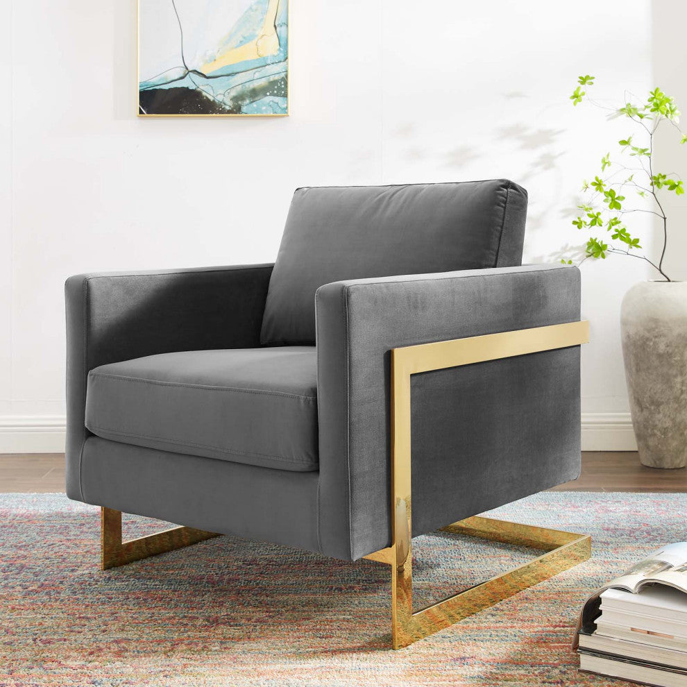 Accent Chair, Velvet, Metal, Gold Gray, Modern, Living Lounge Hospitality