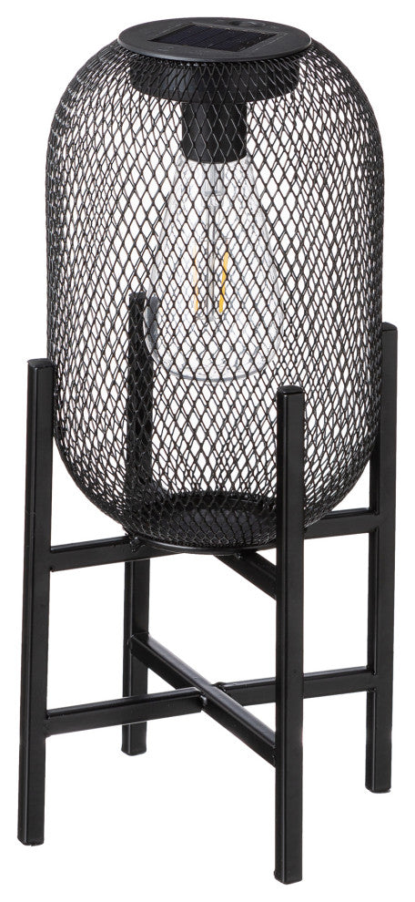 14.25"H Metal Mesh Black Solar Powered Outdoor Lantern With Stand