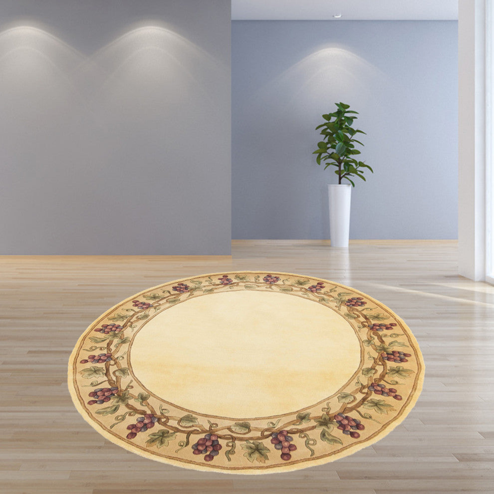 HomeRoots 6' Ivory Hand Tufted Bordered Grapevine Round Indoor Area Rug