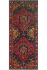 Fine Vintage Distressed Melek Red/Navy Runner, 4'3x9'11