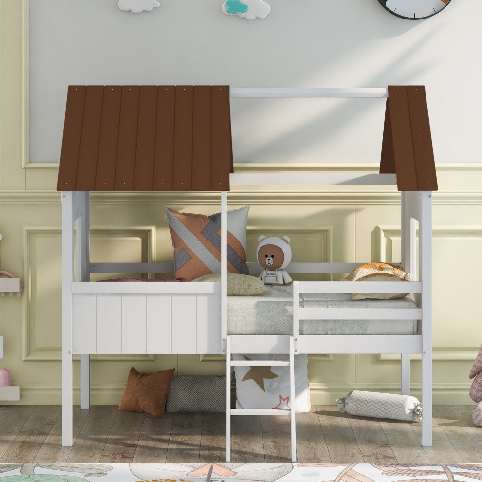 Gewnee Twin Size Low Loft Wood House Bed with Two Side Windows