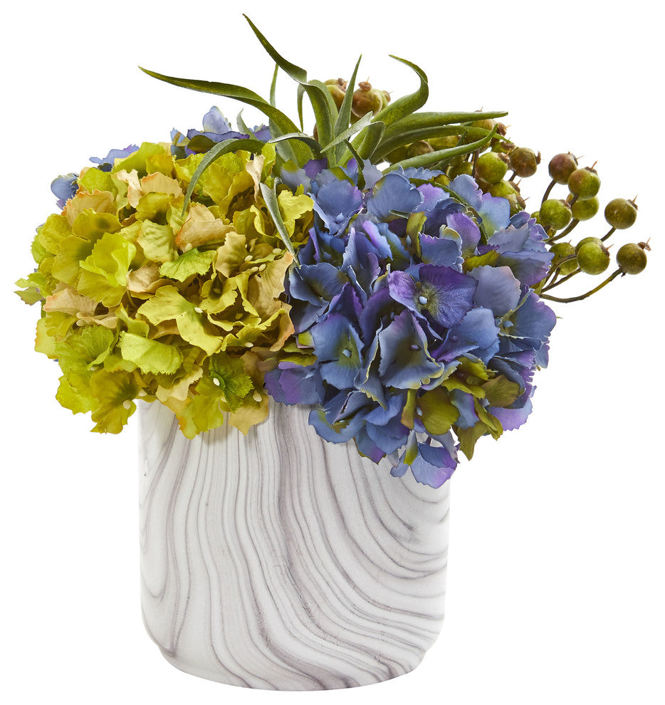 Hydrangea & Berries Artificial Arrangement in Marble Finished Vase Blue