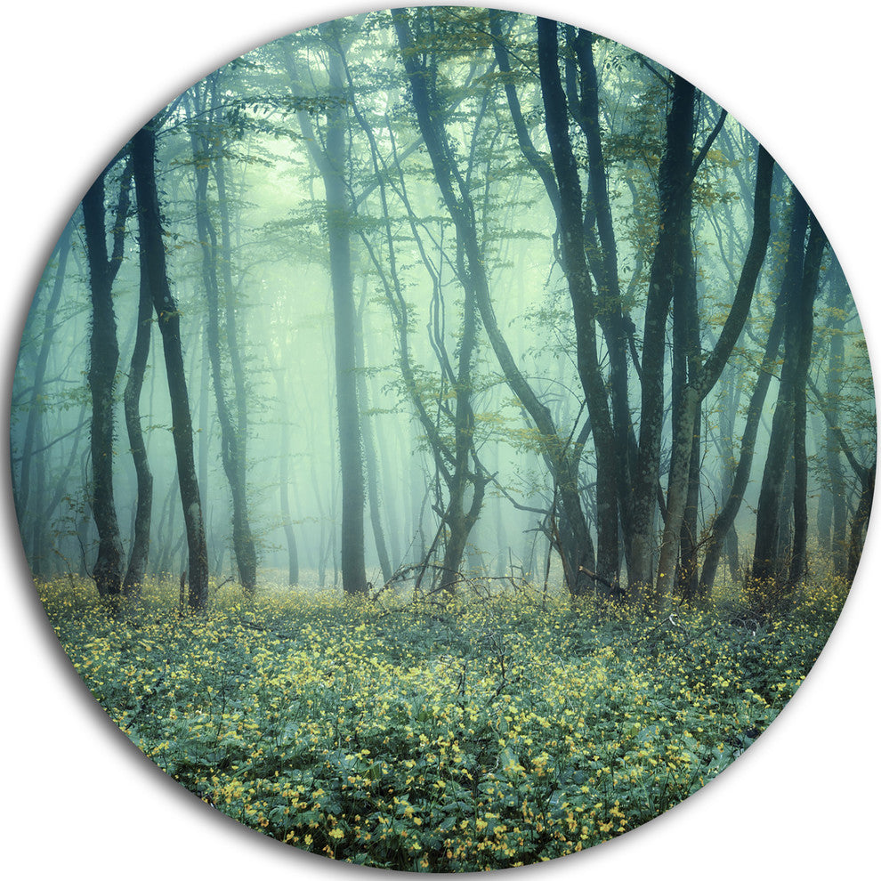 Trail Through Foggy Forest, Landscape Photo Round Wall Art, 11"