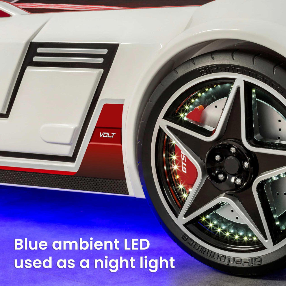 GTS EV Twin-Size Race Car Bed, Remote Control, LED Lights, EV Sound FX, White