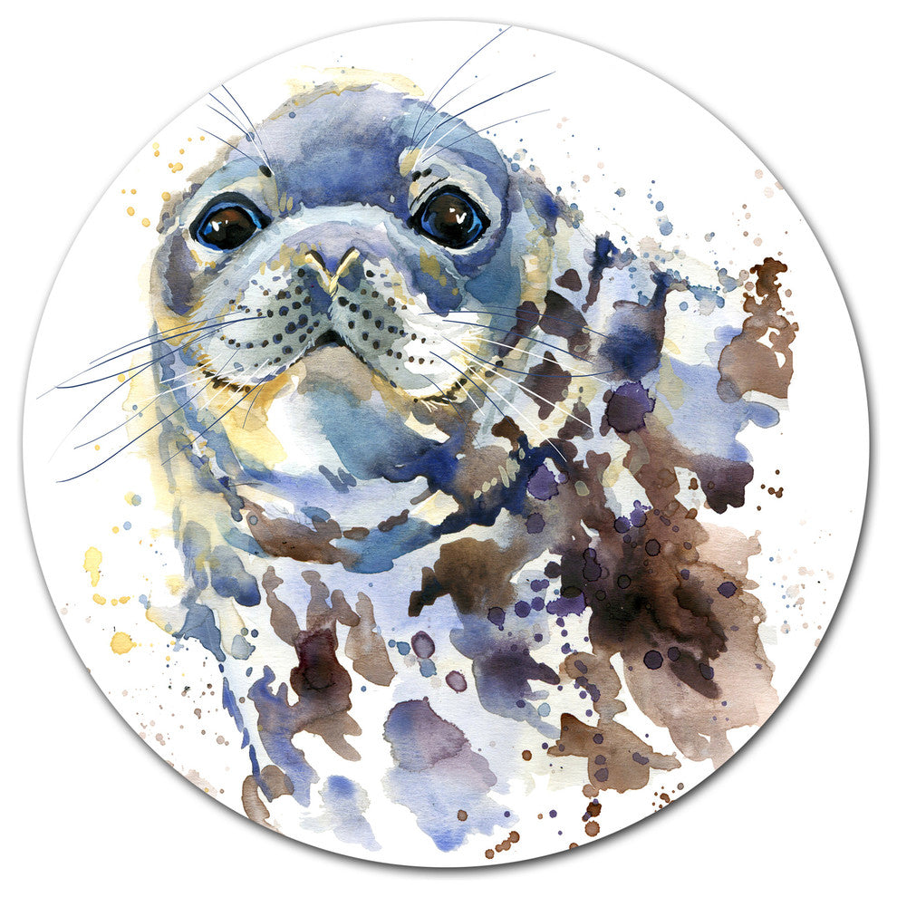 Blue Marine Seal Watercolor, Animal Art Round Wall Art, 23"