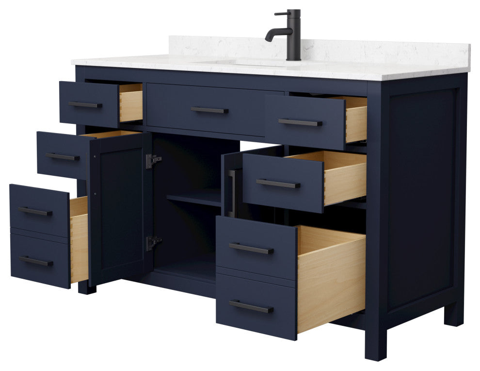 54"SGL Vanity Dark Blue, Carrara Cult. Marble Countertop, Sink, Black Trim