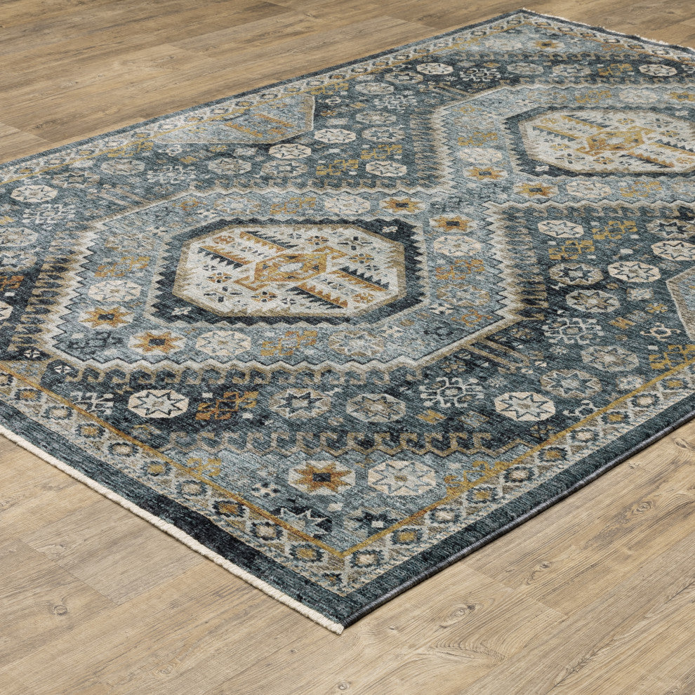 Augustus Tribal Medallions Blue/ Gold Indoor Area Rug, Blue, 3'3"x5'