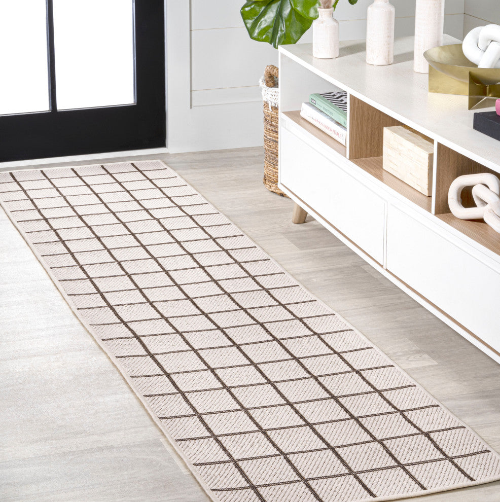 Grid Modern Squares Indoor/Outdoor Area Rug, Cream/Black, 2x8