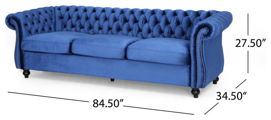 GDF Studio Vita Chesterfield Tufted Jewel Toned Velvet Sofa With Scroll Arms, Navy Blue
