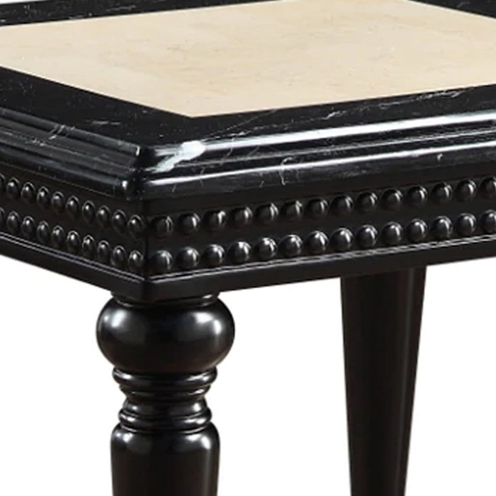 Benzara BM275499 28" Square End Table, Marble Top, Beaded Apron, Black