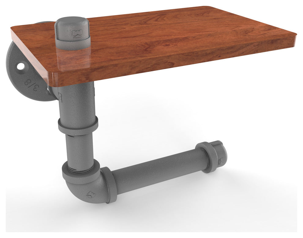 Pipeline Toilet Paper Holder with Wood Shelf, Matte Gray
