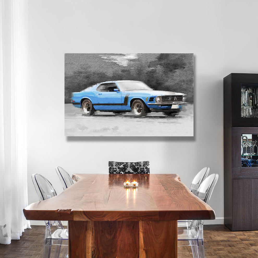 "1970 Ford Mustang Boss Blue Watercolor" Fine Art Print