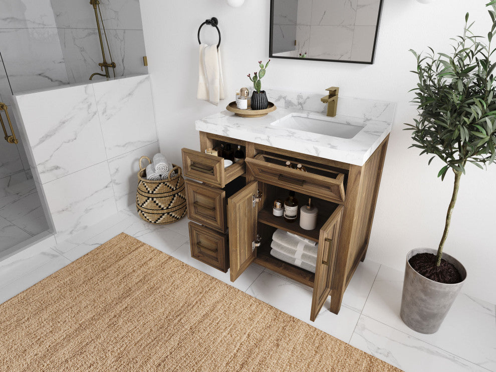 Santa Monica 36 Right Offset  Bath Vanity in Graywashed Teak 2" Empira Quartz