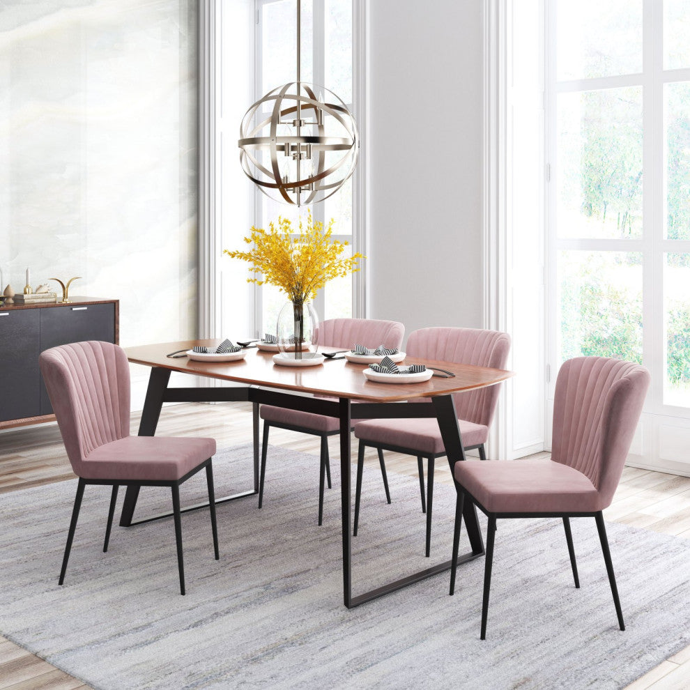 Dining Chair, Set of 2, Steel Metal, Fabric, Pink, Black, Kitchen Cafe Bistro