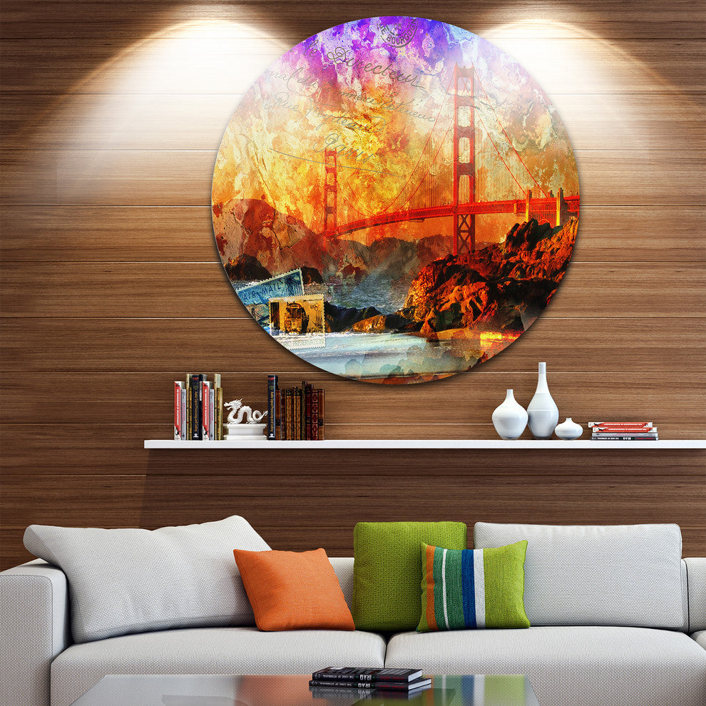 San Francisco Bridge, Contemporary Round Metal Wall Art, 36"
