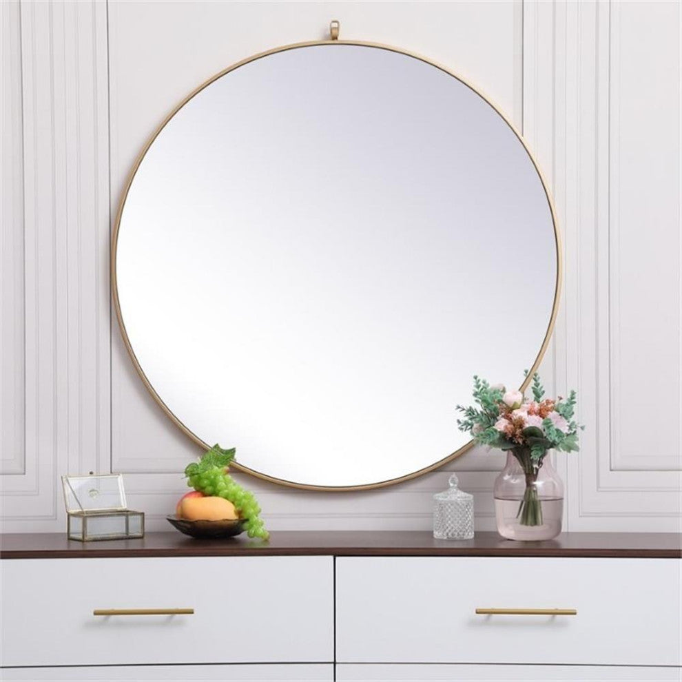 Elegant Decor Eternity 39" Round Mid Century Metal Frame Hooked Mirror in Brass