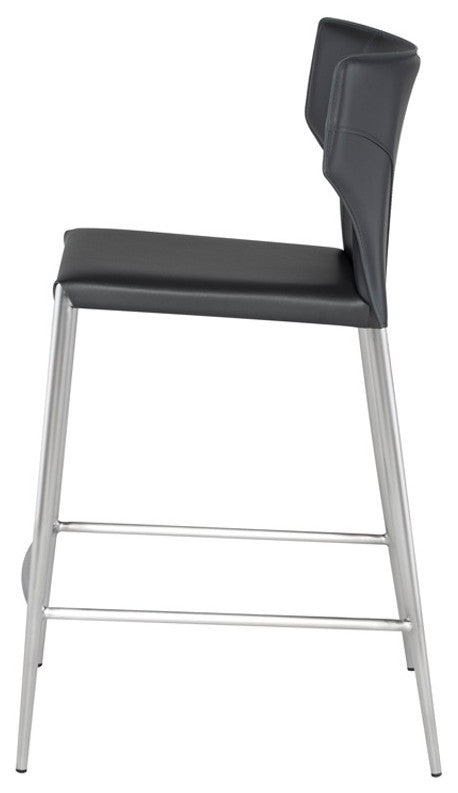 Wayne Bar Stool, Modern Leather Barstool, Brushed Stainless Steel Legs, Gray