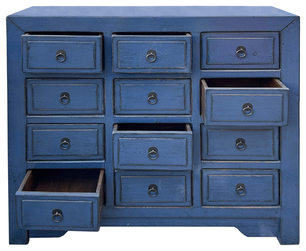 Distressed Deep Blue 12 Drawers Narrow Credenza Sideboard Cabinet