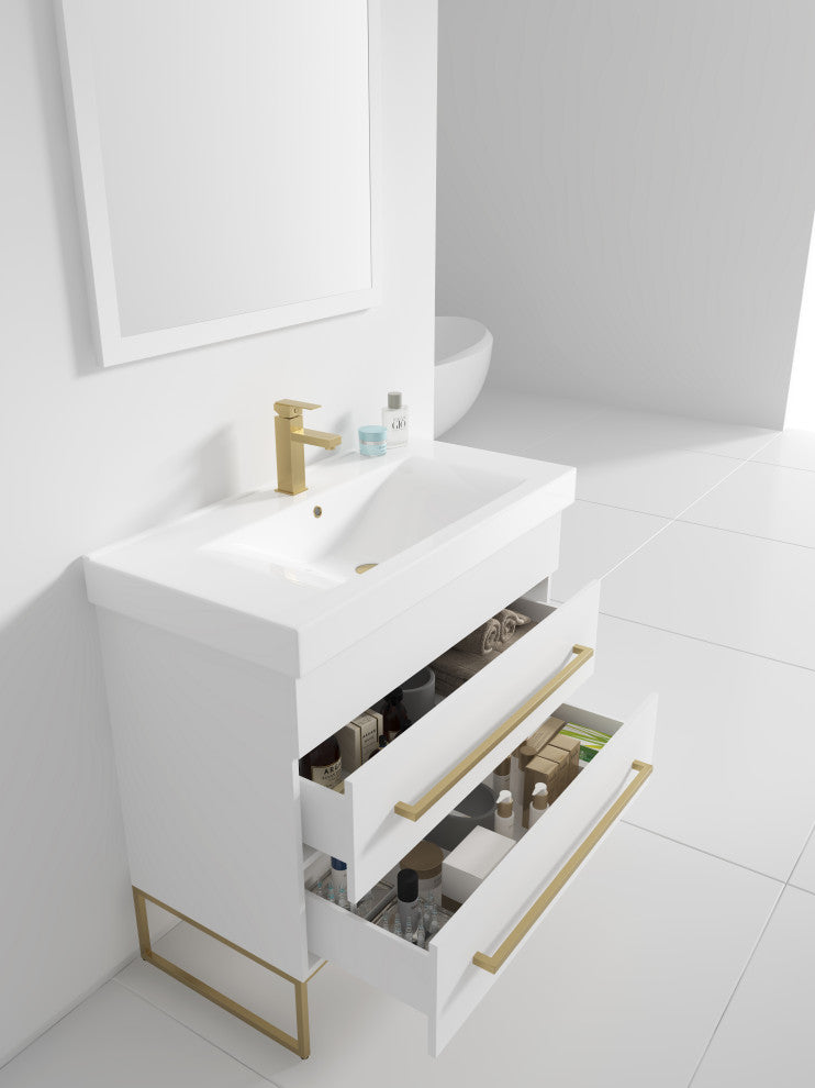 Fine Fixtures Modern Vanity Set, White, 36", Satin Brass Hardware