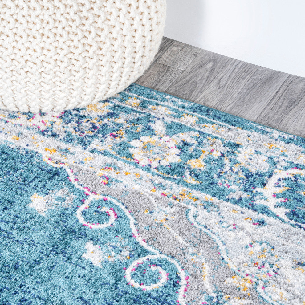 Zelda Bohemian Cottage Medallion Turquoise/Gray 2 ft. x 8 ft. Runner Rug