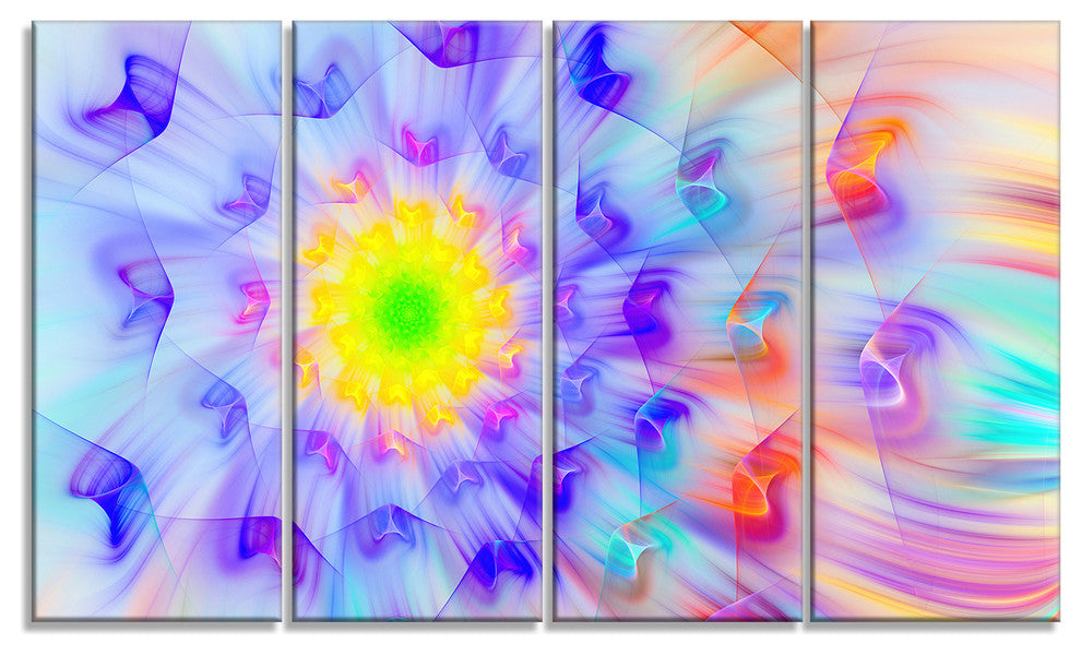 Large Yellow Alien Fractal Flower, Floral Canvas Art Print, 48"x28", 4 Panels