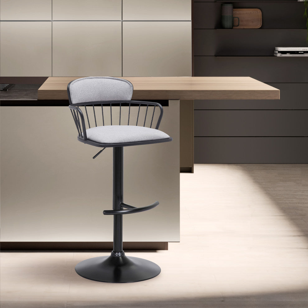 Nash Adjustable Black Wood Bar Stool, Blue Fabric With Black Metal, Light Gray