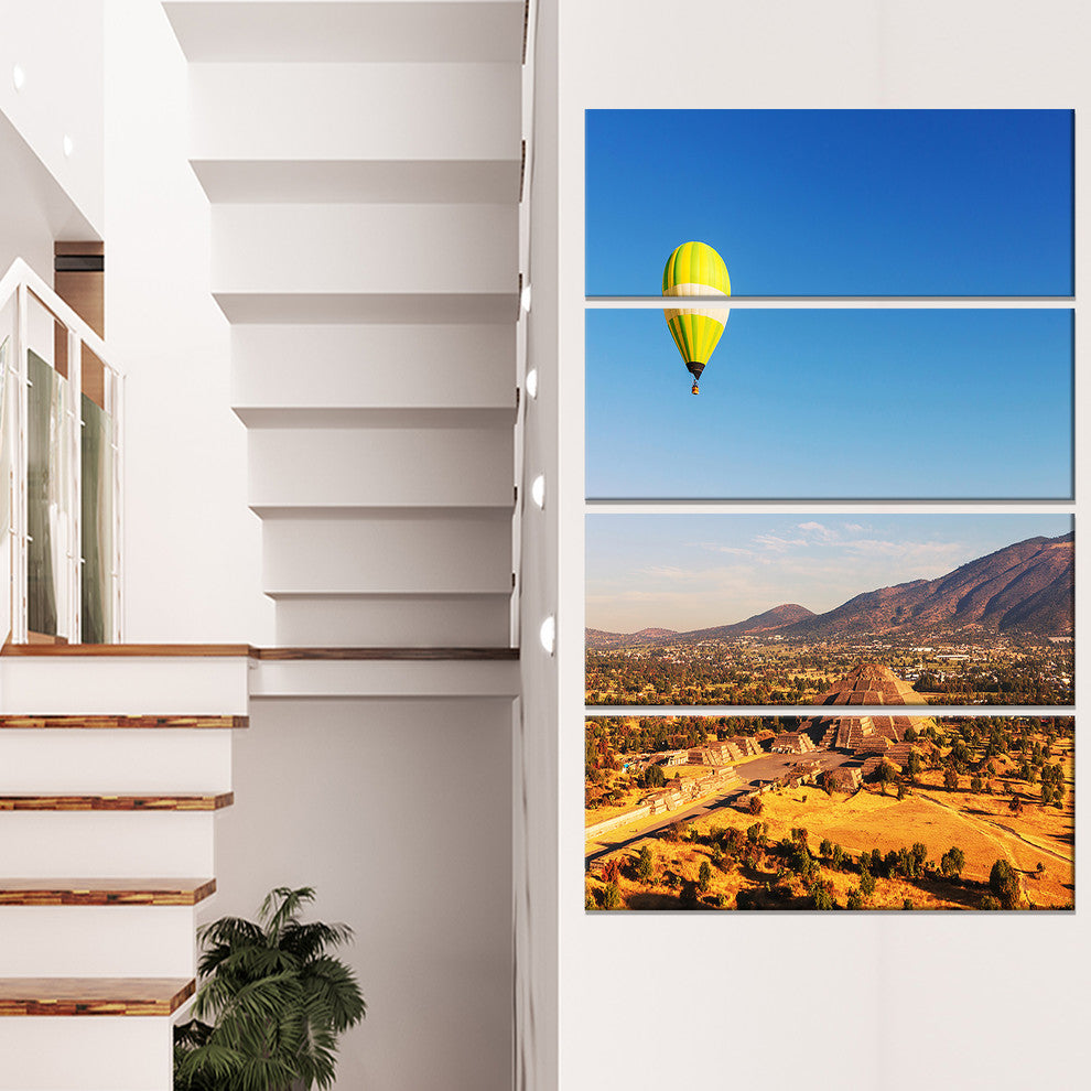 Large Yellow Balloon over Mountains, Landscape Canvas Art, 28"x48", 4 Panels