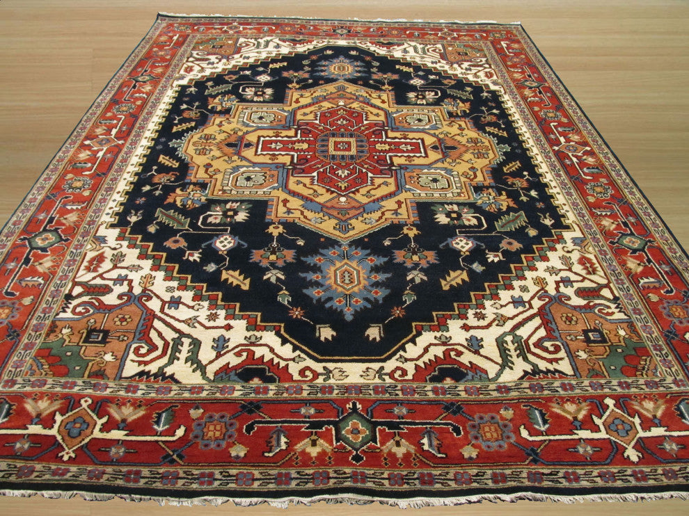 Hand-Knotted Wool Navy Traditional Oriental Serapi Rug, 10'' X 14''