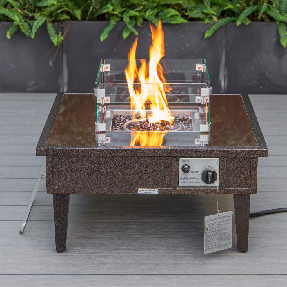 Leisuremod Walbrooke Patio Square Fire Pit Table With Aluminum Frame, Brown