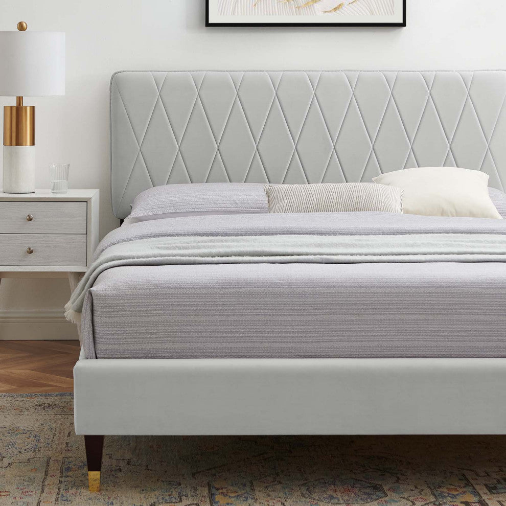 Platform Bed Frame, Queen Size, Velvet, Light Gray, Modern Contemporary