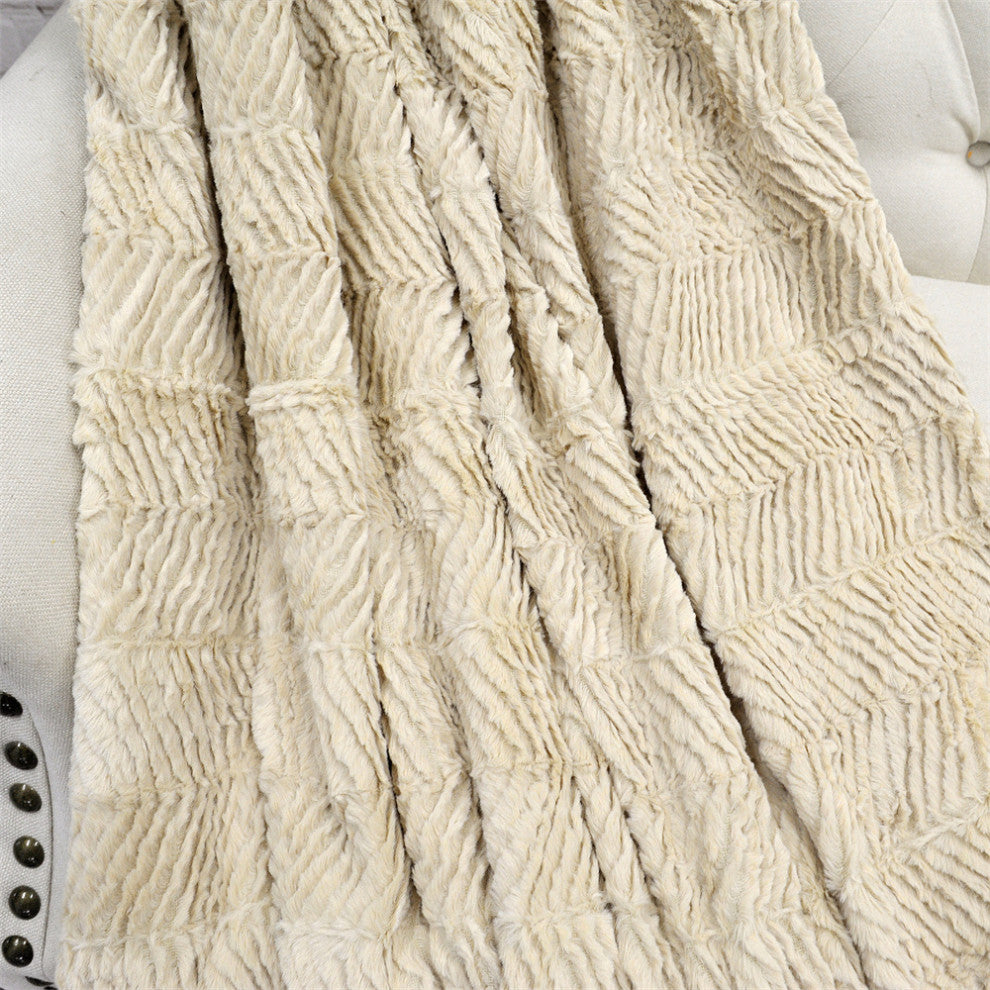 Herringbone Jumbo Over-Size Faux Fur Throw Blanket, Beige, 60" X 80"