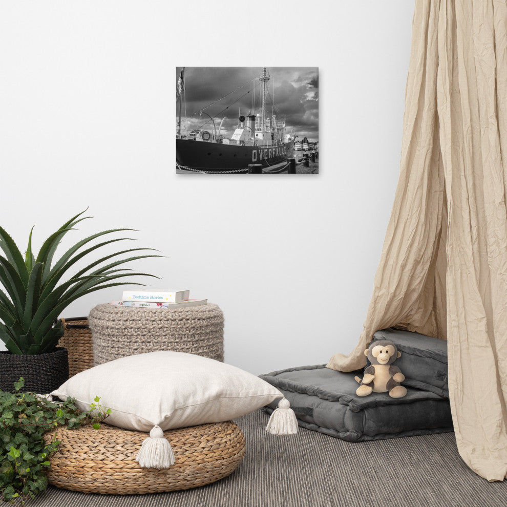 Overfalls Lightship Black & White Photo Canvas Wall Art Print, 18" X 24"