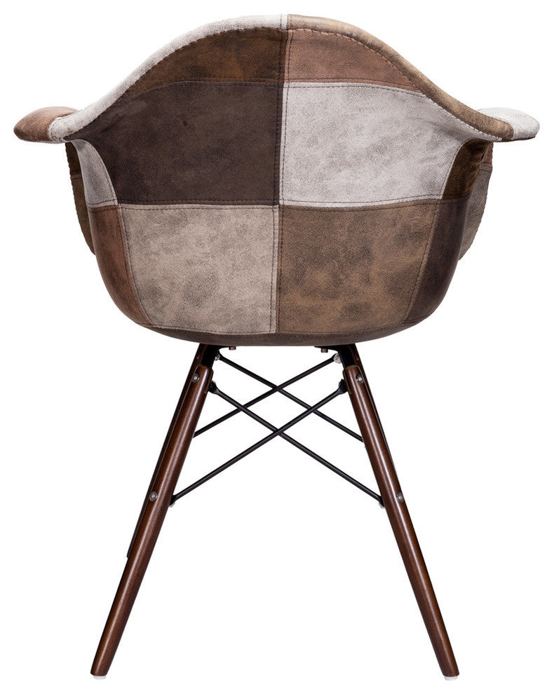 Patch Leatherette Fabric Upholstered DAW Arm Chair, Dark Walnut Leg, Brownwork