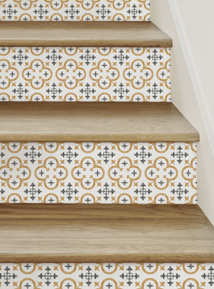 Flower Moroccan Tile Peel and Stick Stair Riser Strips, Mustard, 48"w X 6"h, 6 Pack