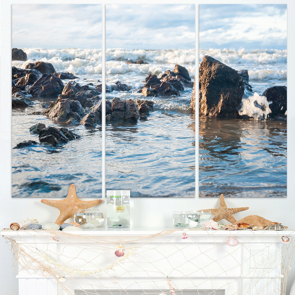 "Sea Foam in Empty Rocky Seaside" Metal Wall Art, 3 Panels, 36"x28"