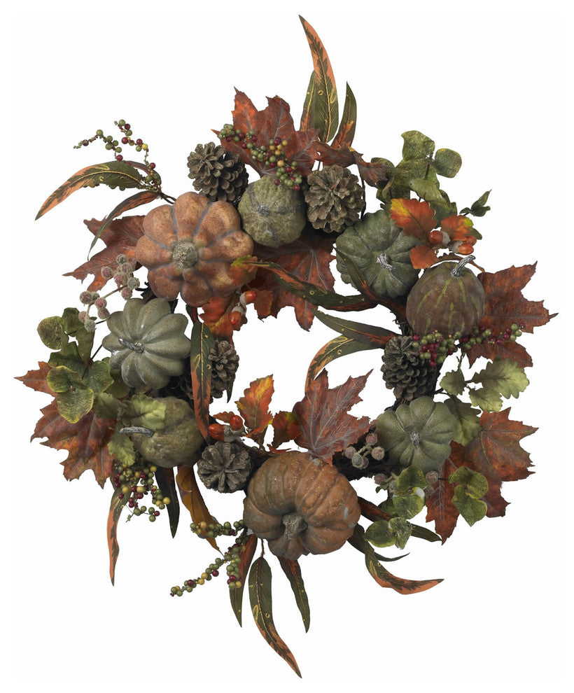 24" Pumpkin and Gourd Wreath, Green and Orange