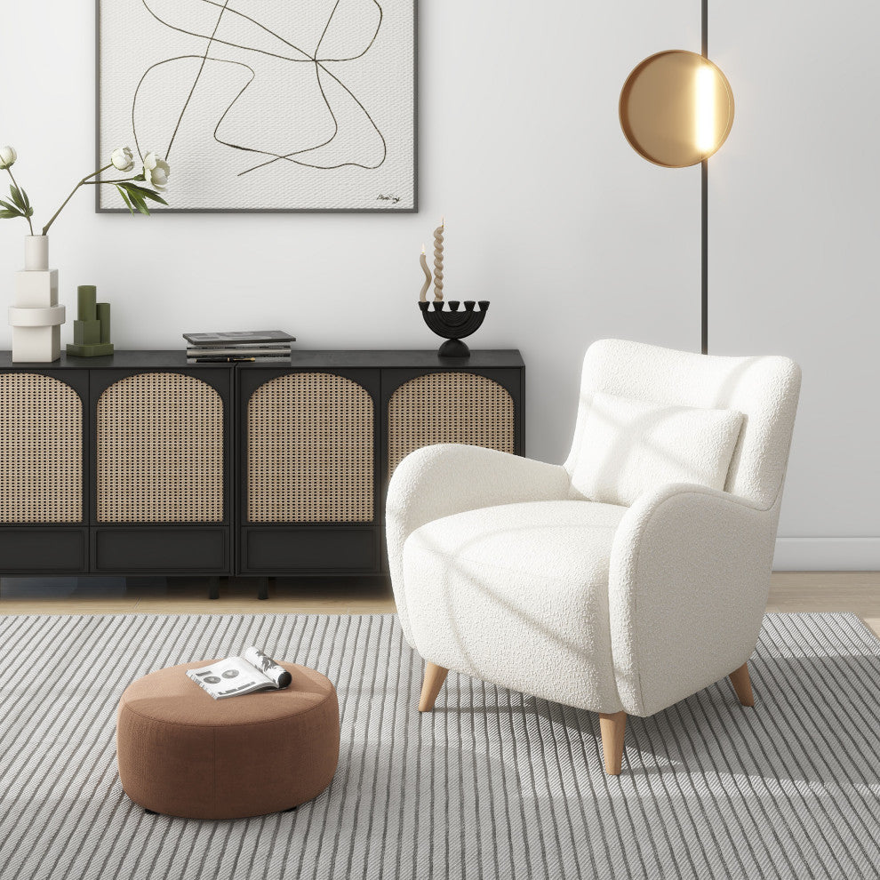 Lune Curved Arm Accent Chair With Lumbar Pillow, Ivory White Boucle